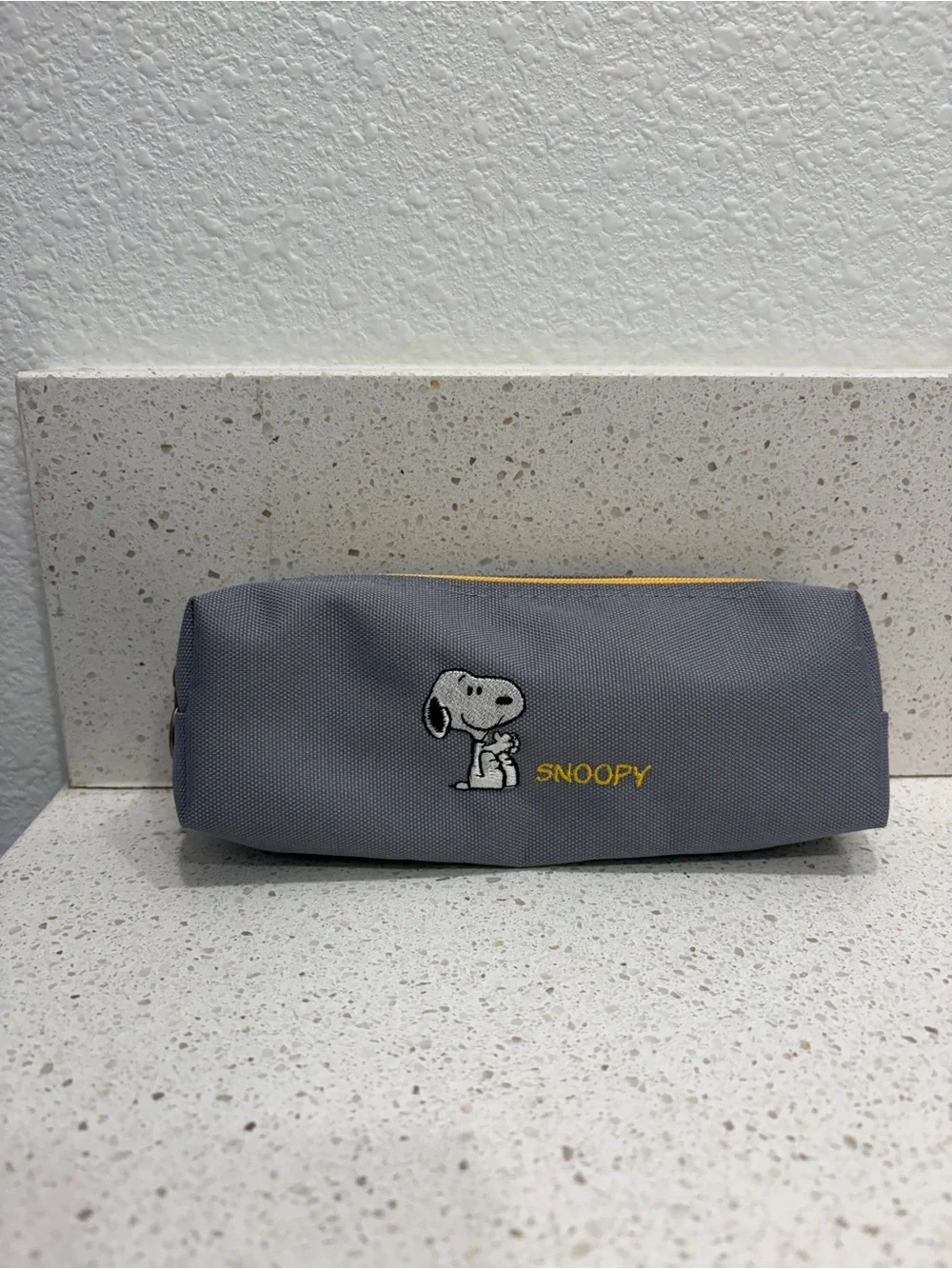 Snoopy Grey Peanuts Pencil Pouch Yellow Trim EUC